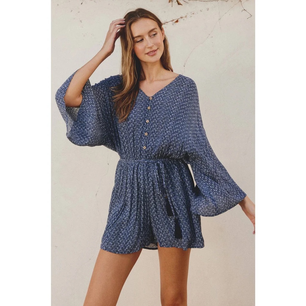 Dress Forum Blue Patterned Button Up Romper